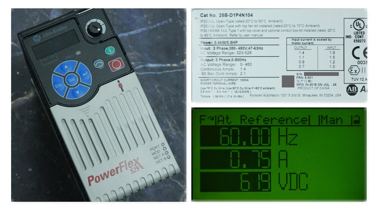 Allen-Bradley 25B-D1P4N104 PowerFlex 525 .5HP Series A FRN:5.001 Tested