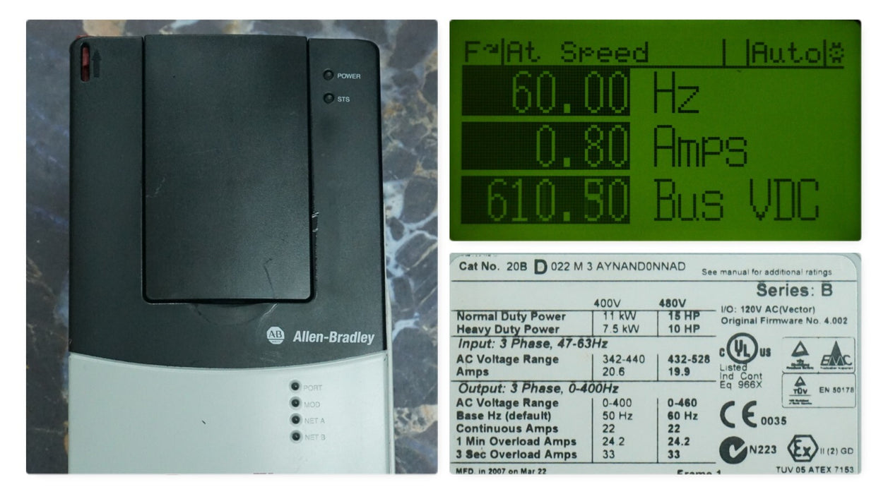 Allen-Bradley 20BD022M3AYNAND0NNAD PowerFlex 700 15HP FRN:10.001 Tested Good