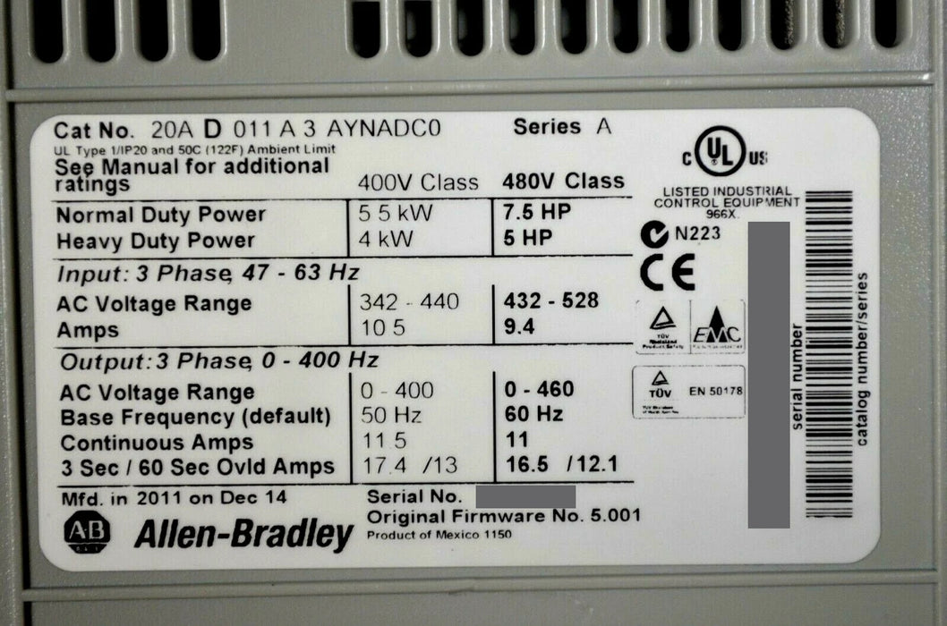 Allen-Bradley 20AD011A3AYNADC0 PowerFlex 70 VFD 7.5 HP 480 VAC 3 PH