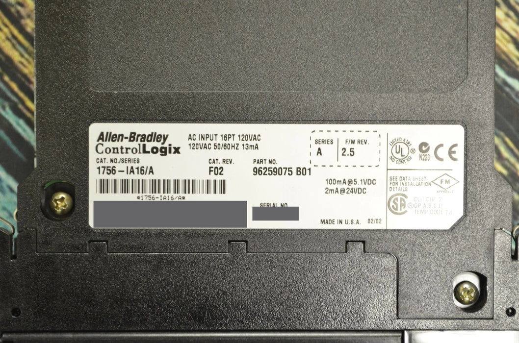 Allen-Bradley 1756-IA16/A REV.F02 F/W 2.5 Controllogix 16 Point Ac Input 120 VAC