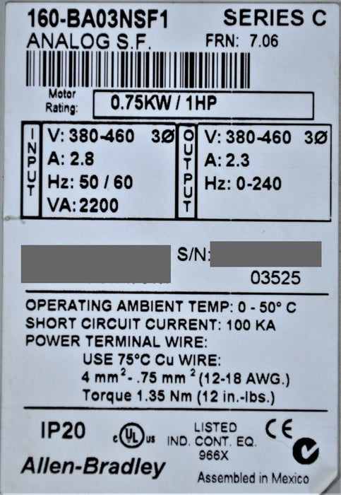 Allen Bradley 160-BA03NSF1 Variable Speed Drive 1 Hp 480 VAC