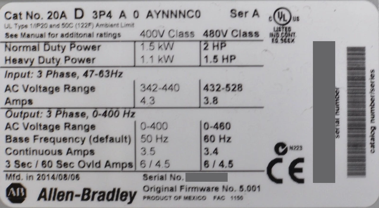 Allen-Bradley PowerFlex 70  20AD3P4A0AYNNNC0 /A 2 HP, 480 VAC, 3.4 AC Drive 2014