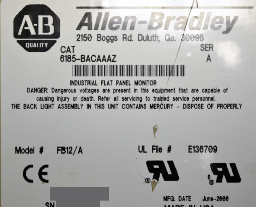 Allen-Bradley 6185-BACAAAZ Industrial Flat Panel LCD Monitor Ser. A #6185-B 12"
