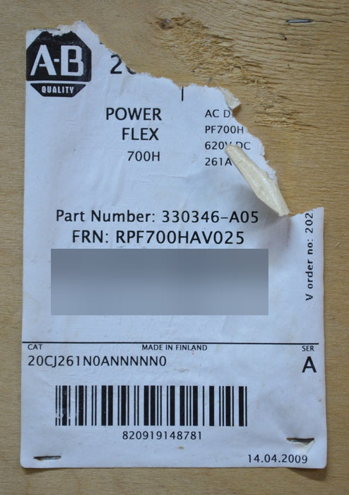Allen-Bradley 20CJ261N0ANNNNN0 PowerFlex 700H 200HP 650VDC 261A Ser A