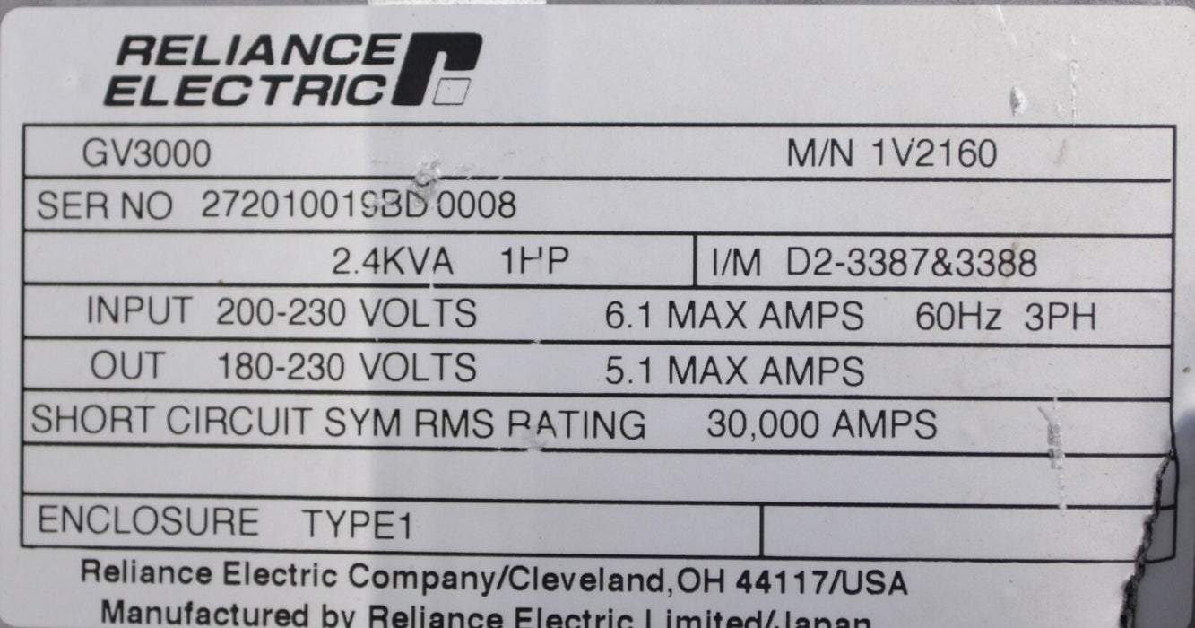 Reliance Electric GV3000 1 HP 1V2160 Vector Inverter 230 VAC Tested Good*