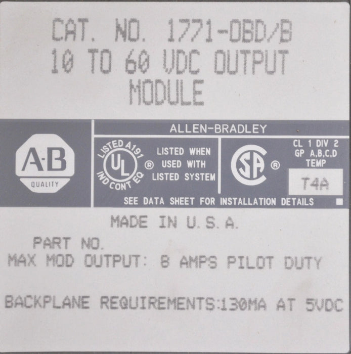 ALLEN BRADLEY 10-60VDC DC OUTPUT MODULE 1771-OBD SER. B
