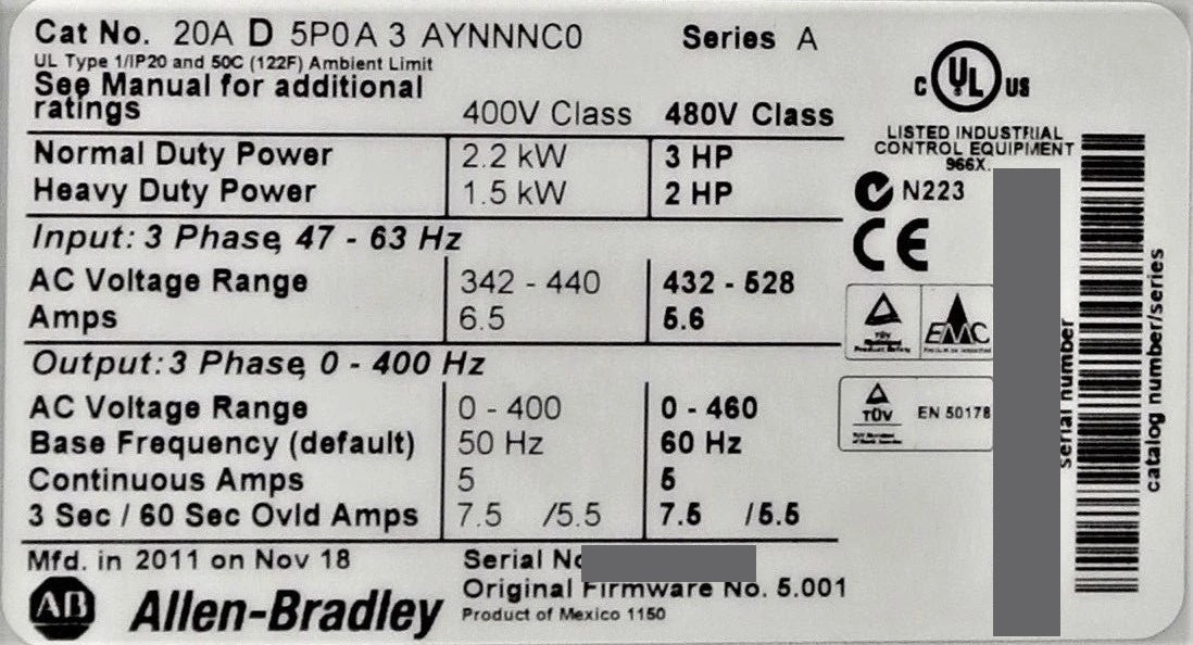 Allen-Bradley 20AD5P0A3AYNNNC0 PowerFlex 70 Low Run Hours 3HP