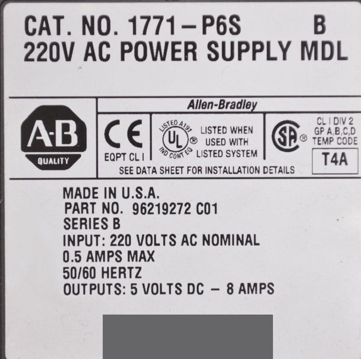 1771-P6S /B Allen Bradley Power Supply 220VAC Input 8amp output