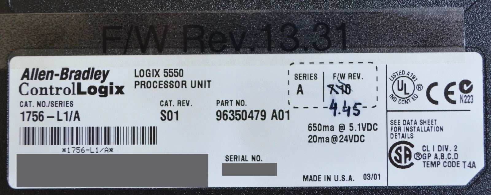 Allen Bradley 1756-L1/A ControlLogix 5550 Processor PLC Tested Good