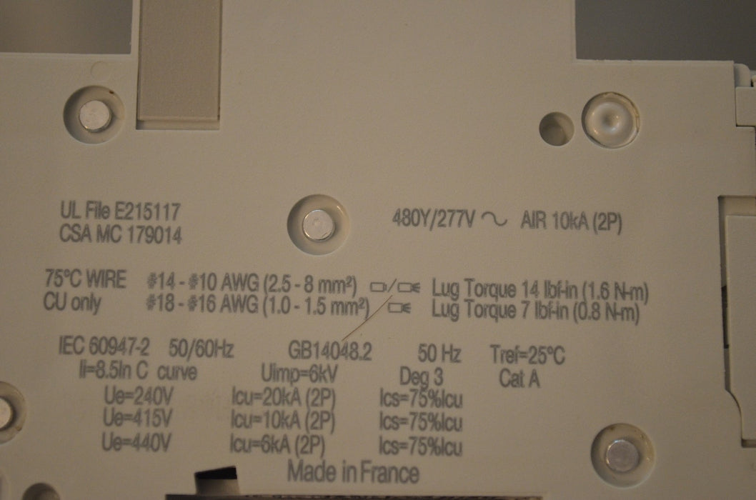 Schneider Electric Multi 9 C60 2P C2A Breaker 480Y/277V Broken Tab