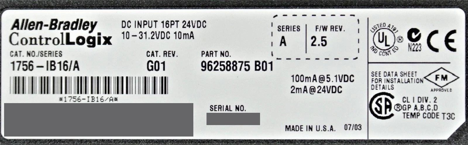 Allen-Bradley 1756-IB16 /A 2.5 ControlLogix Module PARTS