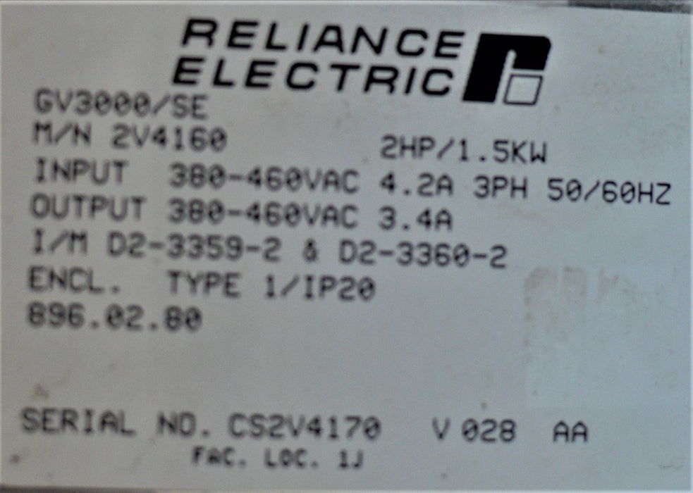 Reliance Electric GV3000 2V4160 SE Vector 2 HP V. 6.01 Inverter Drive TESTED