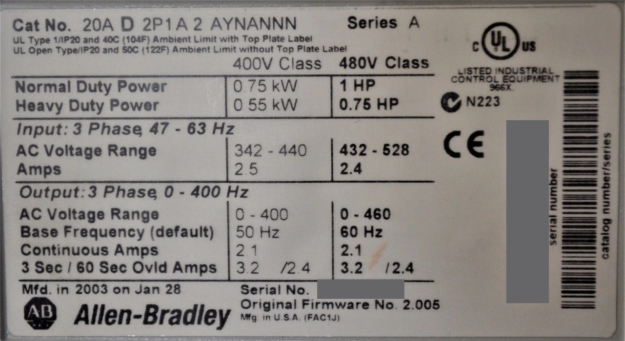 Allen-Bradley PowerFlex 70 1 HP 20AD2P1A2AYNANNN 480VAC FRN: 2.005 Tested Good*