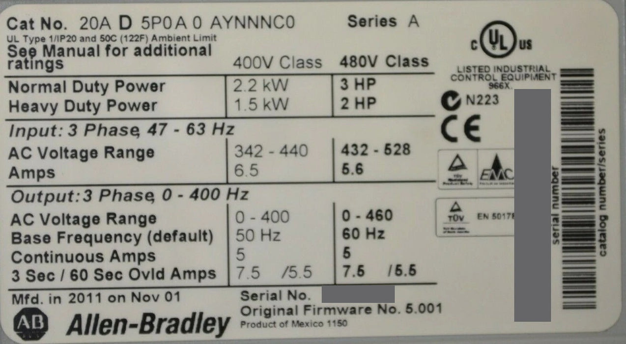 Allen-Bradley PowerFlex 70 3 HP 20AD5P0A0AYNNNC0 480VAC Tested Good Low Hours