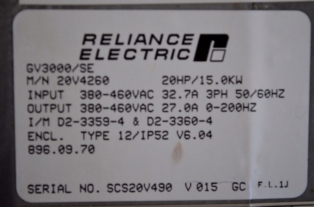 Reliance Electric GV3000/SE 20 HP 20V4260 VER. 6.04 AC DRIVE Tested Good Clean