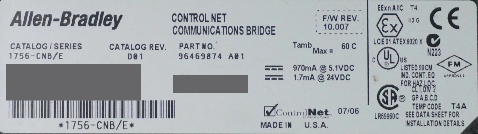 Parts Allen-Bradley 1756-CNB E FRN:10.007 ControlLogix ControlNet Bridge Module