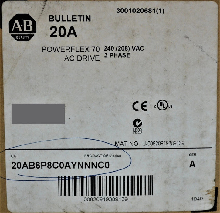 New In Box Allen-Bradley PowerFlex 70 2 HP 20AB6P8C0AYNNNC0  Mfd. 2010  240VAC