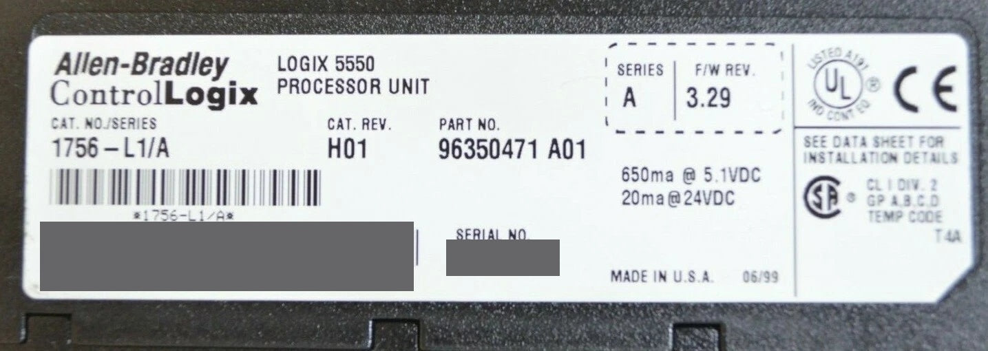 Allen Bradley 1756-L1/A ControlLogix 5550 Processor CPU PLC Tested Good