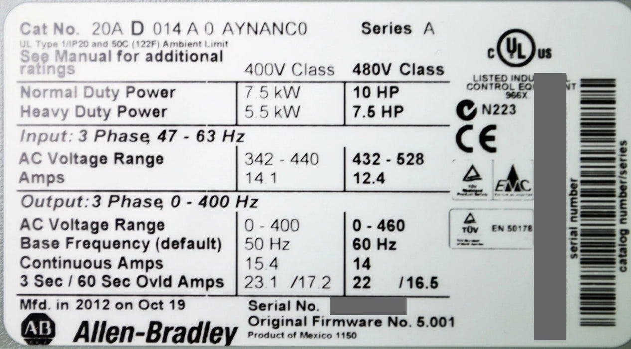 Zero Hr 20AD014A0AYNANC0 Allen Bradley PowerFlex 70 Series A 480V 10HP FRN:5.001
