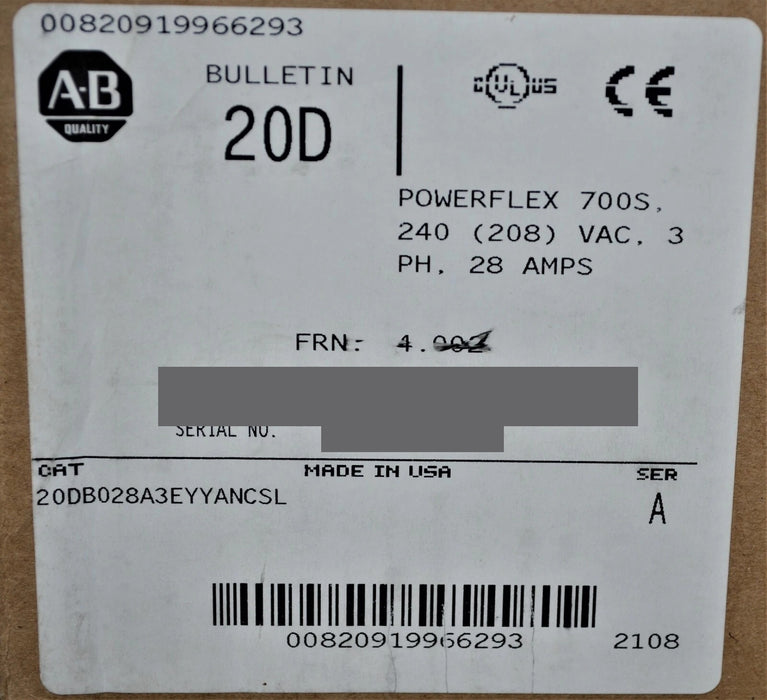 Allen-Bradley 20DB028A3EYYANCSL PowerFlex 700S 10 HP Series A FRN: 4.002 New
