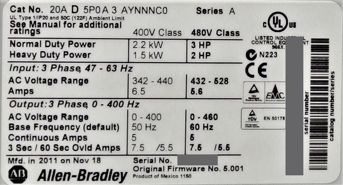 Allen-Bradley 20AD5P0A3AYNNNC0 PowerFlex 70 3HP 480V Ser A FRN 5.001 Tested