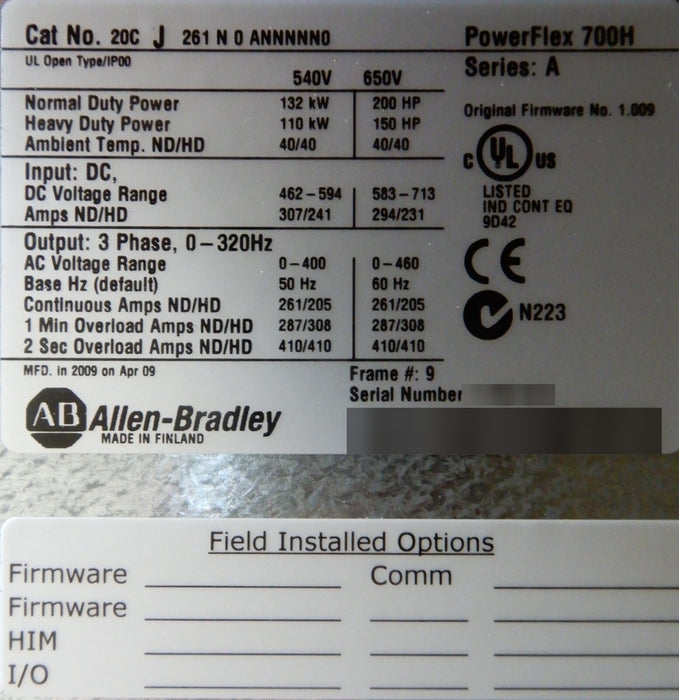 Allen-Bradley 20CJ261N0ANNNNN0 PowerFlex 700H 200HP 650VDC 261A Ser A