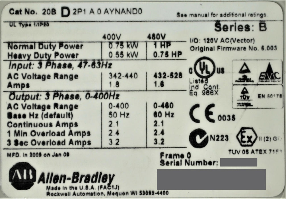 Allen-Bradley PowerFlex 700  1 HP 20BD2P1A0AYNAND0 CORE ONLY Clean Tested Good