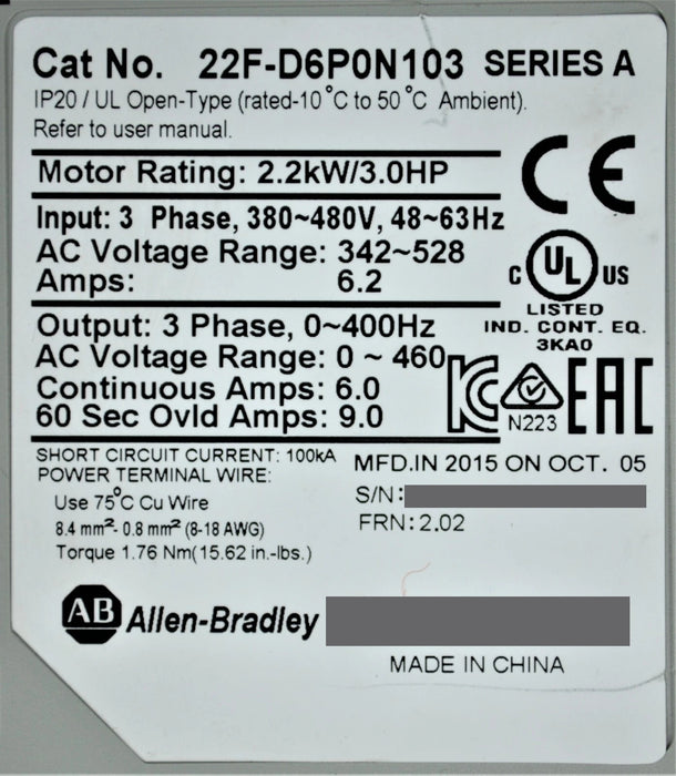 Allen-Bradley 22F-D6P0N103 PowerFlex 4M 3 HP FRN 2.02 Tested Good