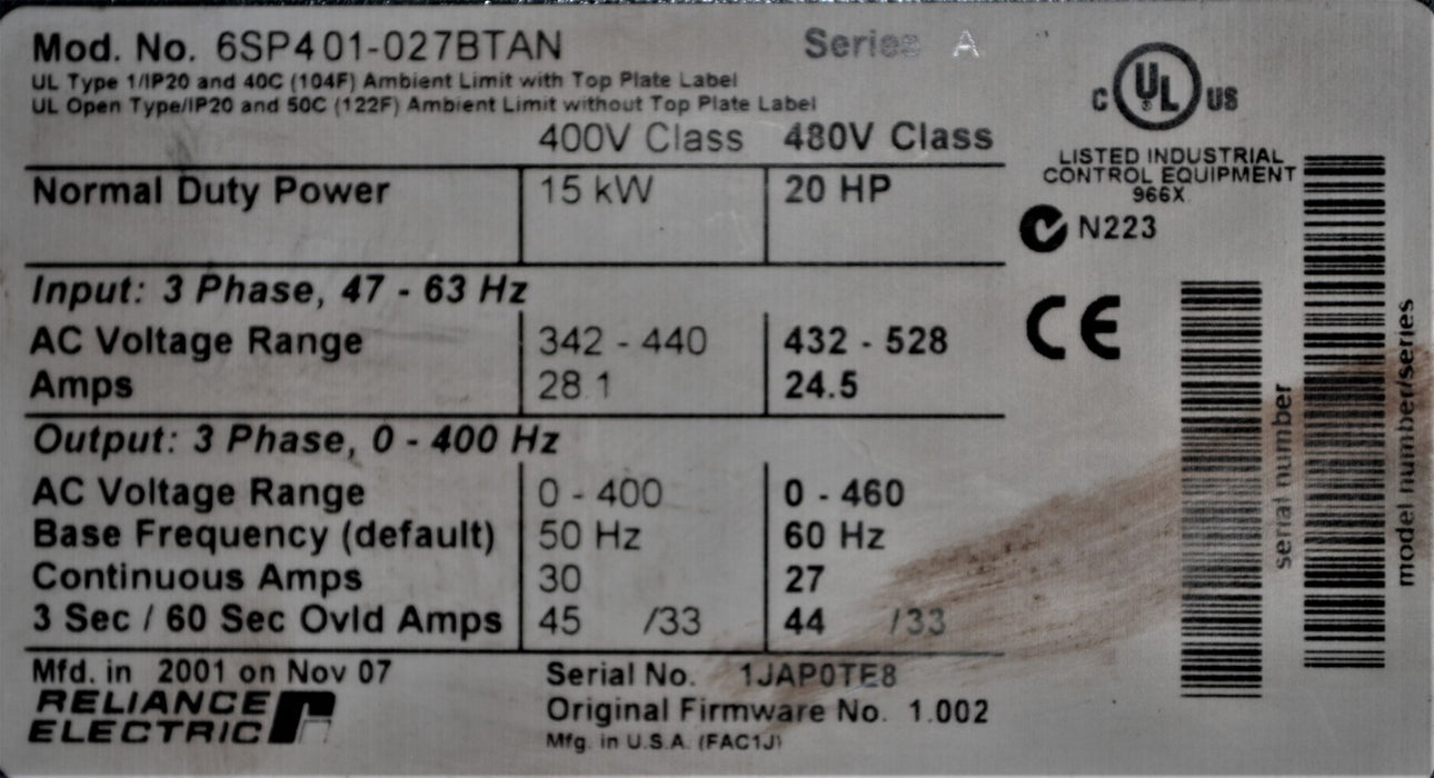 ZERO HOURS Reliance SP600 6SP401-027BTAN 20 HP Drive 480 VAC Tested Good