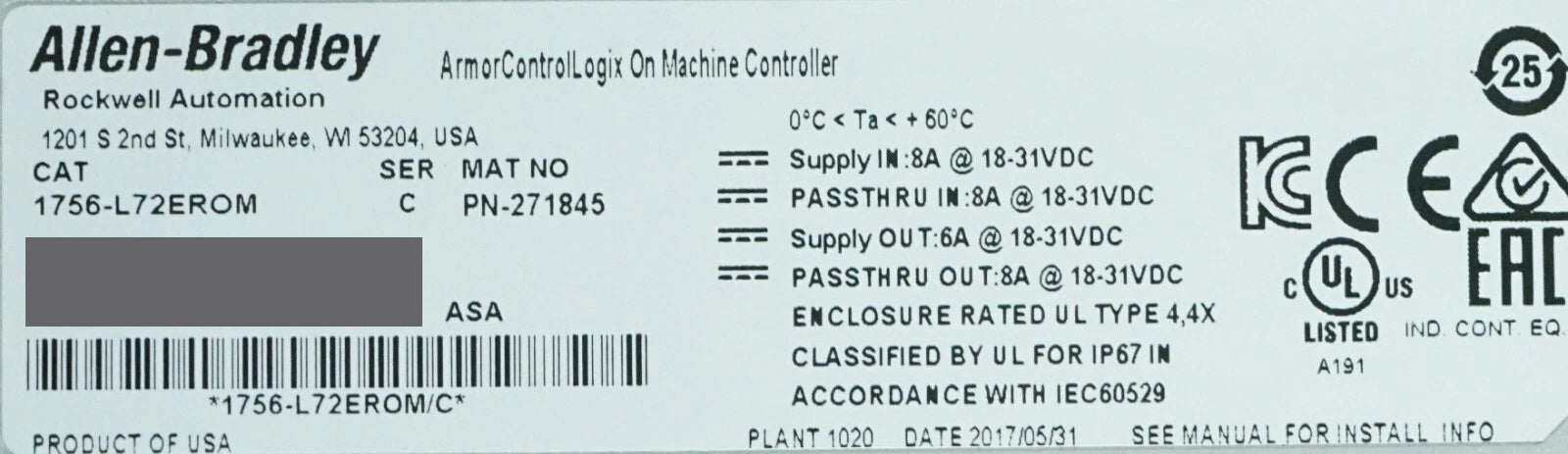 Allen-Bradley 1756-L72EROM Armor GuardLogix Safety Controller*