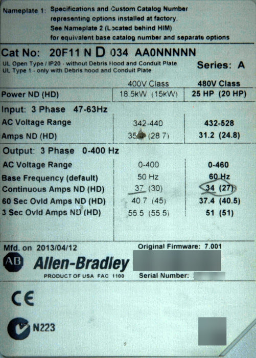 Allen-Bradley 20F11ND034AA0NNNNN PowerFlex 753 Low Hour 25HP FRN:7.001 Tested