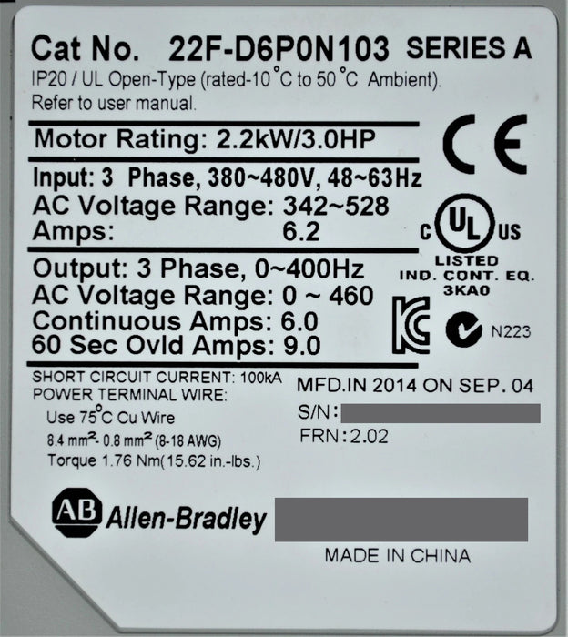 Allen-Bradley 22F-D6P0N103 PowerFlex 4M 3HP FRN 2.02 Tested Good Broke Mtg Foot