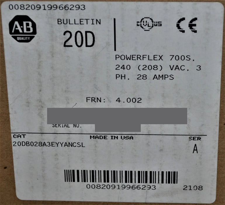 Allen-Bradley 20DB028A3EYYANCSL PowerFlex 700S 10 HP Series A FRN: 4.002 New