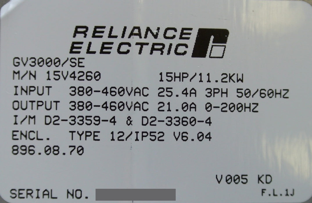Reliance Electric GV 3000 VTAC7 HVAC Drive 15V4260 15 HP Frm 6.04 - Tested Good