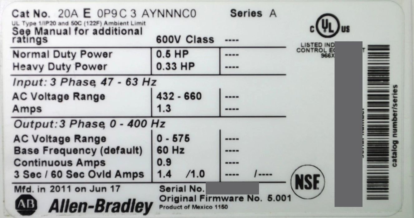 Low Hours 20AE0P9C3AYNNNC0 Allen-Bradley PowerFlex 70 0.5 HP 600 VAC Tested Good