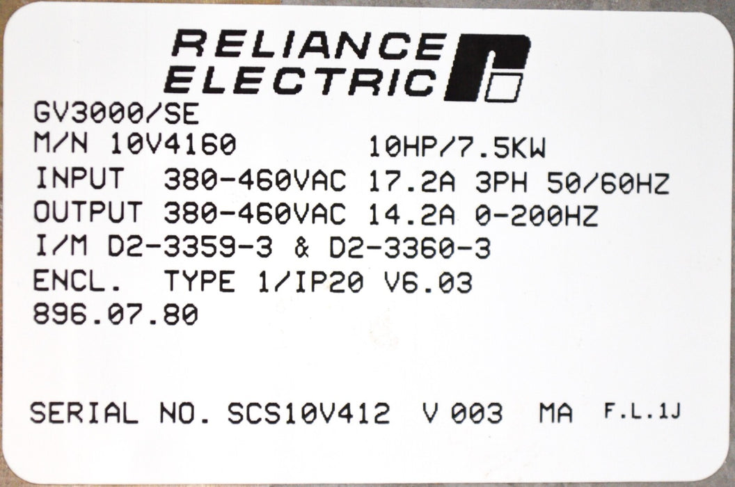 Reliance Electric 10V4160 GV3000/SE 10HP Drive Tested Good FRN:6.03 Tested Good