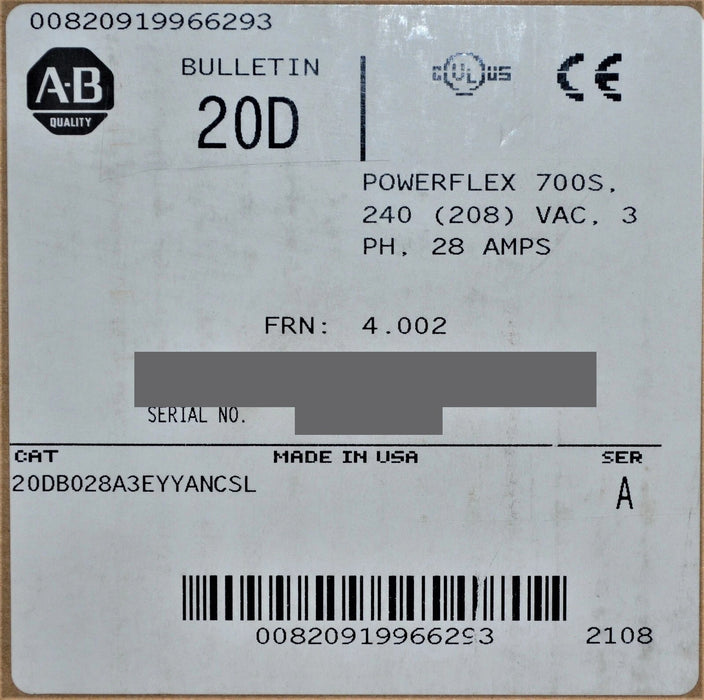 Allen-Bradley 20DB028A3EYYANCSL PowerFlex 700S 10 HP Series A FRN: 4.002 New