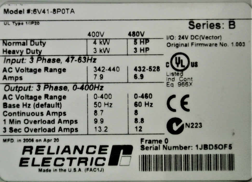RELIANCE ELECTRIC GV6000 6V41-8P0TA 5 HP 480 VAC VER 1.003 Tested Core Only