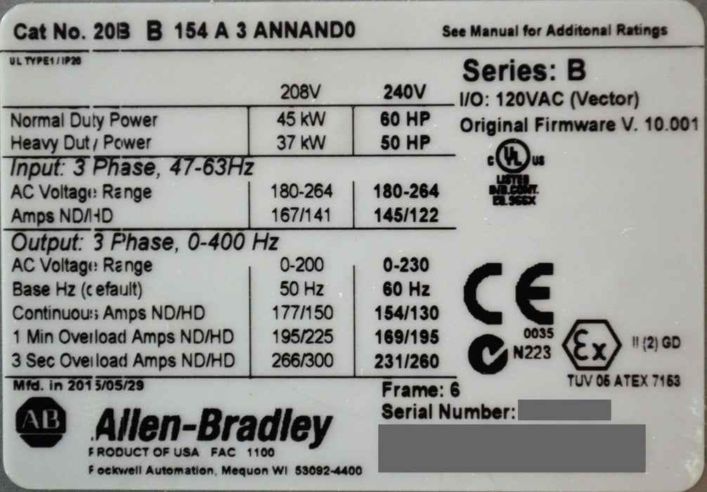 Allen-Bradley 20BB154A3ANNAND0 PowerFlex 700 60HP VFD Tested Good