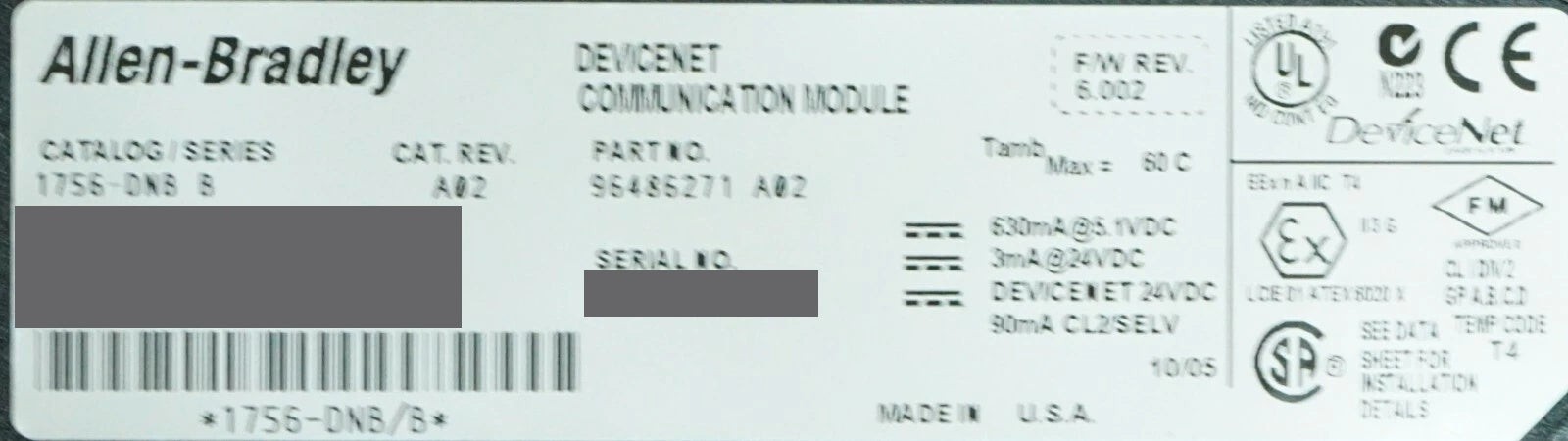 Allen Bradley 1756-DNB/B Device Net Communications Module Firmware 6.002
