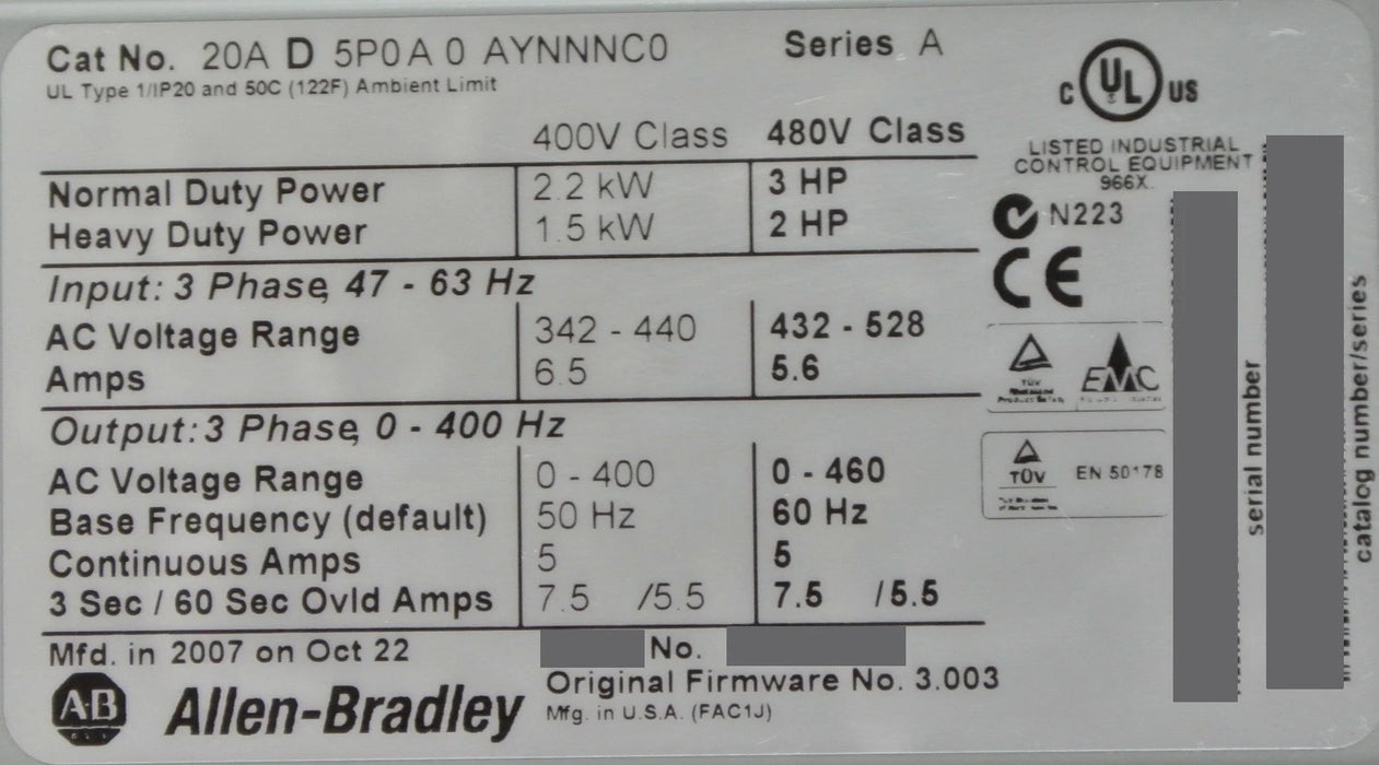 Allen-Bradley 20AD5P0A0AYNNNC0 PowerFlex 70 3HP 480VAC Clean Tested Good