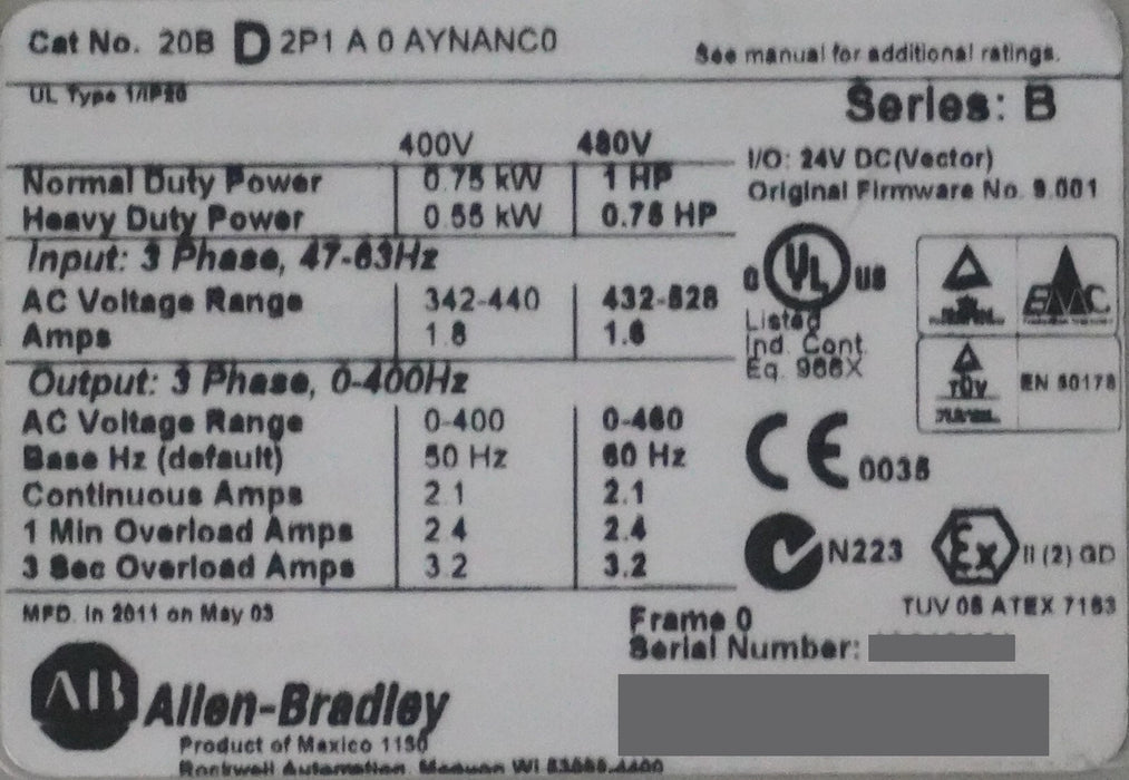 Allen-Bradley PowerFlex 700 1 HP 20BD2P1A0AYNANC0 Ser. B 480 VAC FRN:9.001