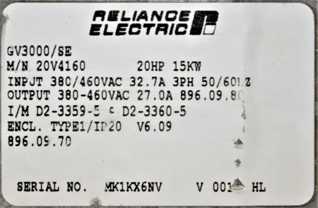 RELIANCE ELECTRIC GV3000/SE 20 HP 20V4160 VER. 6.09 480 VAC DRIVE TESTED OK