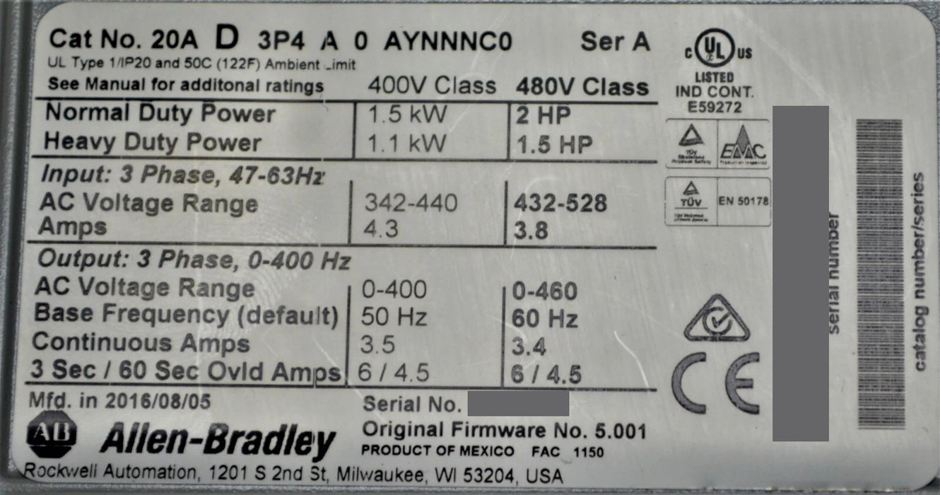 Allen-Bradley 20AD3P4A0AYNNNC0 PowerFlex 70 2 HP 480VAC FRN:5.001 2016 Low Hours