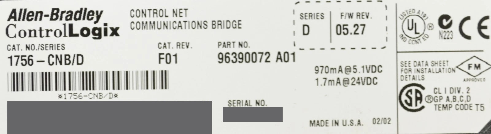 Allen-Bradley 1756-CNB D Firmware 5.27 ControlLogix ControlNet Bridge Module F01