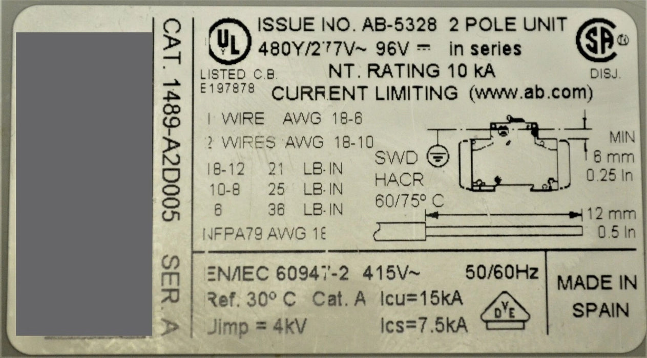 ALLEN BRADLEY 1489-A2D005 SER.A CIRCUIT BREAKER 2P TESTED GOOD