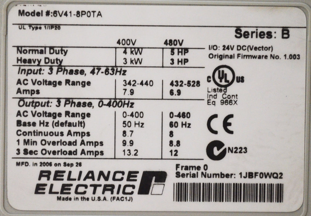 Reliance Electric GV6000 6V41-8P0TA 5 HP 480 VAC VERSION 1.003 Tested Good QTY