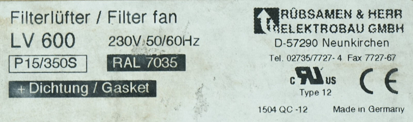Rübsamen & Herr Filter Fan LV 600 Filter Fan RAL 7035*