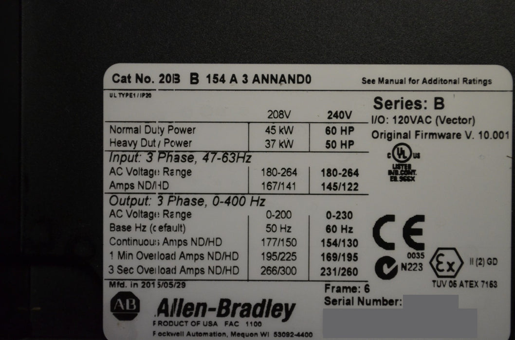 Allen-Bradley 20BB154A3ANNAND0 PowerFlex 700 60HP VFD Tested Good