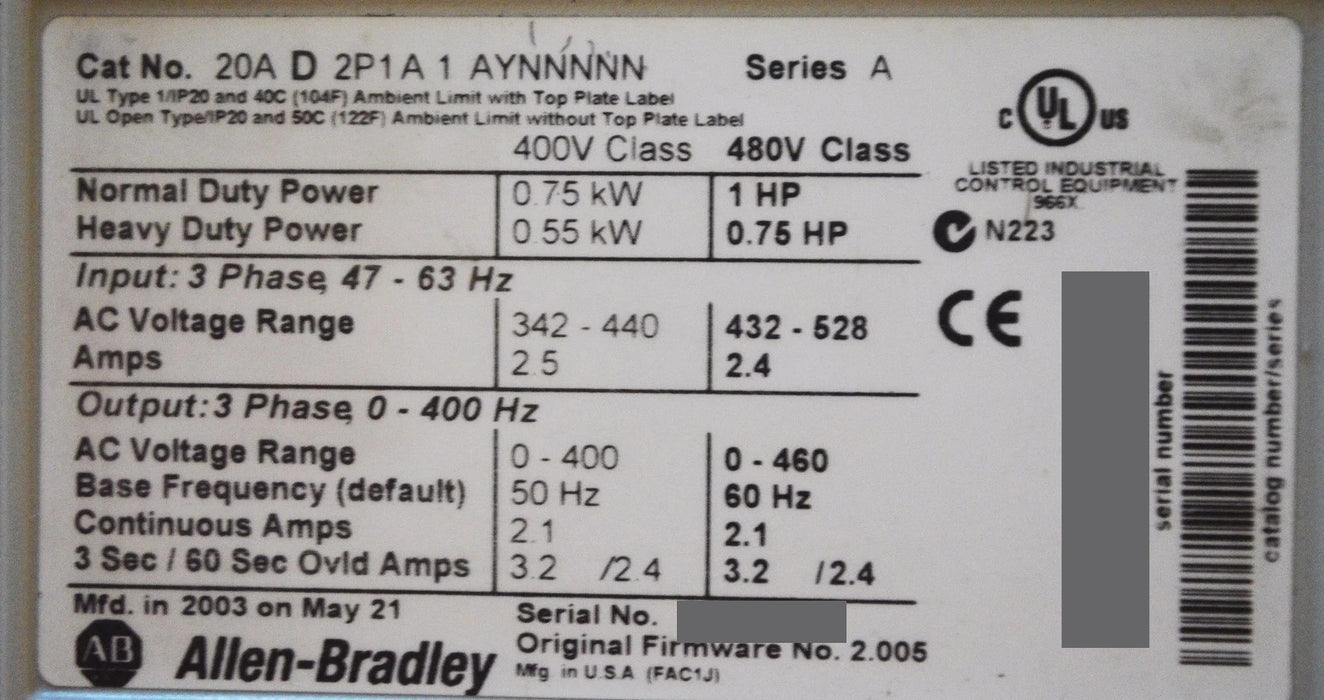 Allen-Bradley PowerFlex 70 1HP 20AD2P1A1AYNNNNN Series A 460 VAC Tested Good